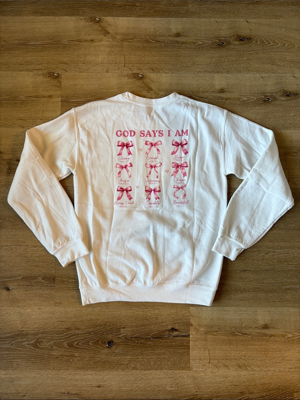 White Faith God Says I Am with Bows Crewneck Graphic Sweatshirt